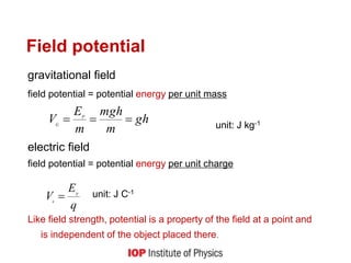Field potential
gravitational field
field potential = potential energy per unit mass
unit: J kg-1
electric field
field potential = potential energy per unit charge
unit: J C-1
Like field strength, potential is a property of the field at a point and
is independent of the object placed there.
q
E
V p
e

gh
m
mgh
m
E
V P
G

 