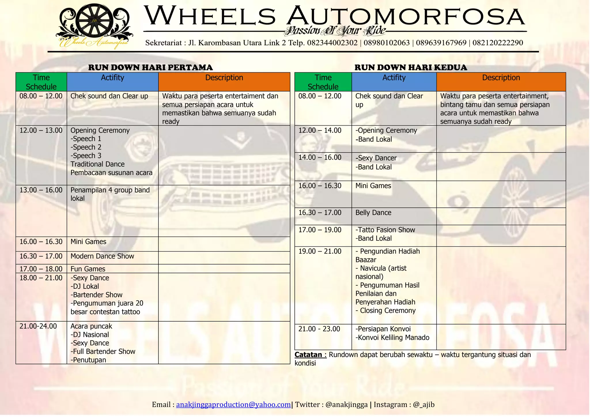 Email : anakjinggaproduction@yahoo.com| Twitter : @anakjingga | Instagram : @_ajib
RUN DOWN HARI PERTAMA
Time
Schedule
Actifity Description
08.00 – 12.00 Chek sound dan Clear up Waktu para peserta entertaiment dan
semua persiapan acara untuk
memastikan bahwa semuanya sudah
ready
12.00 – 13.00 Opening Ceremony
-Speech 1
-Speech 2
-Speech 3
Traditional Dance
Pembacaan susunan acara

13.00 – 16.00 Penampilan 4 group band
lokal
ogeth
16.00 – 16.30 Mini Games
16.30 – 17.00 Modern Dance Show
17.00 – 18.00 Fun Games
18.00 – 21.00 -Sexy Dance
-DJ Lokal
-Bartender Show
-Pengumuman juara 20
besar contestan tattoo
21.00-24.00 Acara puncak
-DJ Nasional
-Sexy Dance
-Full Bartender Show
-Penutupan
RUN DOWN HARI KEDUA
Time
Schedule
Actifity Description
08.00 – 12.00 Chek sound dan Clear
up
Waktu para peserta entertainment,
bintang tamu dan semua persiapan
acara untuk memastikan bahwa
semuanya sudah ready
12.00 – 14.00 -Opening Ceremony
-Band Lokal


14.00 – 16.00 -Sexy Dancer
-Band Lokal

16.00 – 16.30 Mini Games
16.30 – 17.00 Belly Dance
17.00 – 19.00 -Tatto Fasion Show
-Band Lokal
19.00 – 21.00 - Pengundian Hadiah
Baazar
- Navicula (artist
nasional)
- Pengumuman Hasil
Penilaian dan
Penyerahan Hadiah
- Closing Ceremony
21.00 - 23.00 -Persiapan Konvoi
-Konvoi Keliling Manado
Catatan : Rundown dapat berubah sewaktu – waktu tergantung situasi dan
kondisi
 