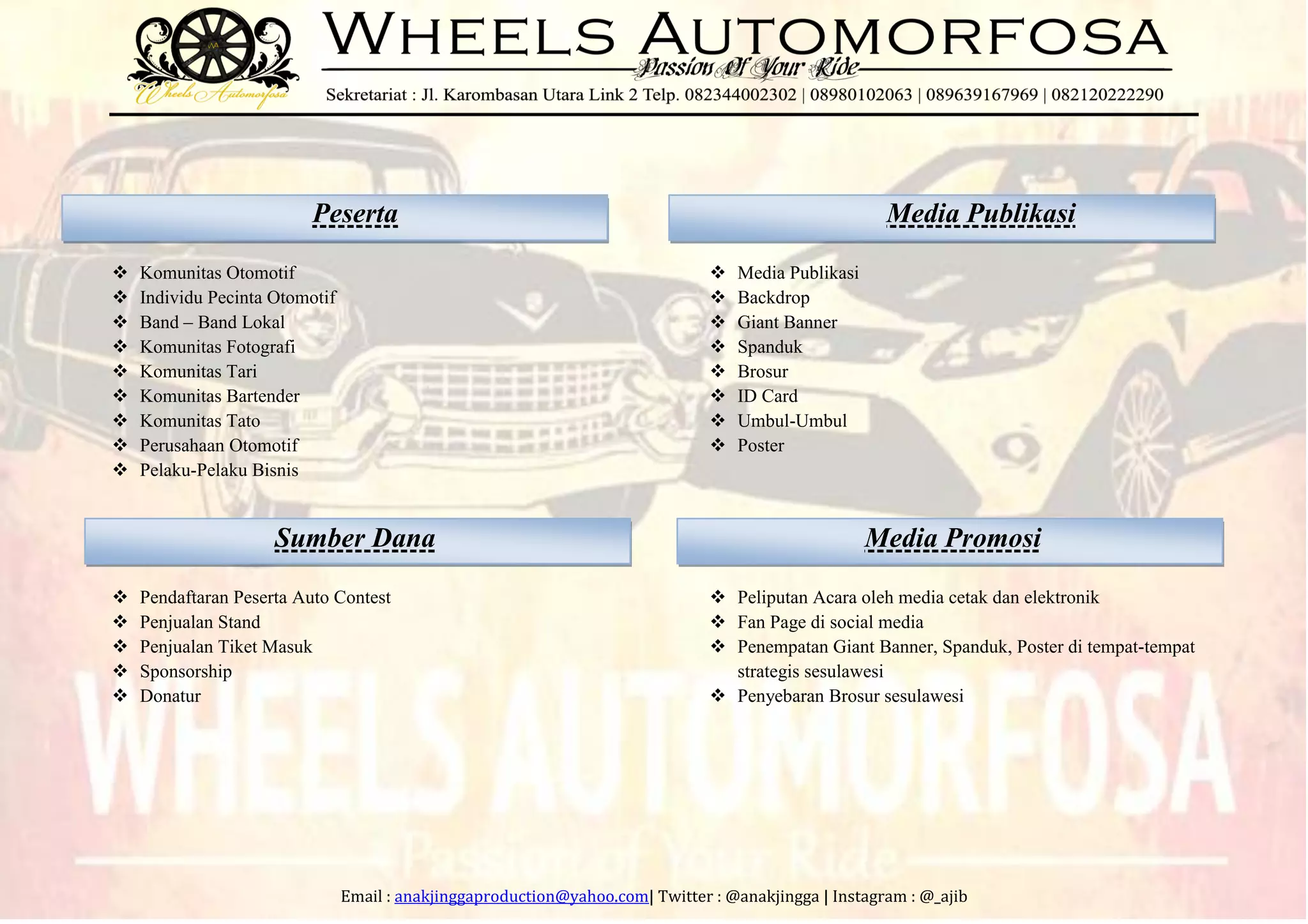 Email : anakjinggaproduction@yahoo.com| Twitter : @anakjingga | Instagram : @_ajib
Peserta
 Komunitas Otomotif
 Individu Pecinta Otomotif
 Band – Band Lokal
 Komunitas Fotografi
 Komunitas Tari
 Komunitas Bartender
 Komunitas Tato
 Perusahaan Otomotif
 Pelaku-Pelaku Bisnis
Media Publikasi
 Media Publikasi
 Backdrop
 Giant Banner
 Spanduk
 Brosur
 ID Card
 Umbul-Umbul
 Poster
Sumber Dana
 Pendaftaran Peserta Auto Contest
 Penjualan Stand
 Penjualan Tiket Masuk
 Sponsorship
 Donatur
Media Promosi
 Peliputan Acara oleh media cetak dan elektronik
 Fan Page di social media
 Penempatan Giant Banner, Spanduk, Poster di tempat-tempat
strategis sesulawesi
 Penyebaran Brosur sesulawesi
 
