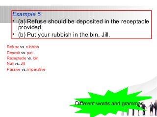 Example 5 
• (a) Refuse should be deposited in the receptacle 
provided. 
• (b) Put your rubbish in the bin, Jill. 
Refuse vs. rubbish 
Deposit vs. put 
Receptacle vs. bin 
Null vs. Jill 
Passive vs. imperative 
Different words and grammar 
 