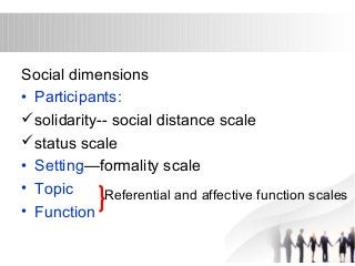 Social dimensions 
• Participants: 
solidarity-- social distance scale 
status scale 
• Setting—formality scale 
• Topic 
• Function 
Referential and affective function scales 
 