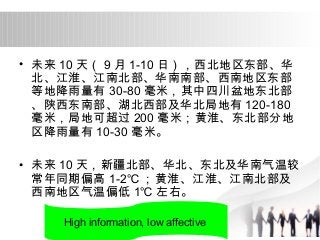 • 未来10天（9月1-10日），西北地区东部、华 
北、江淮、江南北部、华南南部、西南地区东部 
等地降雨量有30-80毫米，其中四川盆地东北部 
、陕西东南部、湖北西部及华北局地有120-180 
毫米，局地可超过200毫米；黄淮、东北部分地 
区降雨量有10-30毫米。 
• 未来10天，新疆北部、华北、东北及华南气温较 
常年同期偏高1-2℃；黄淮、江淮、江南北部及 
西南地区气温偏低1℃左右。 
High information, low affective 
 