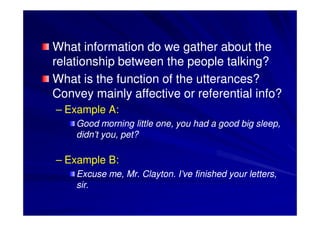Language and people 
• Age, gender, race, nationality, class 
Language and place 
• Region, occasion 
Language and social system 
• Power, ideology, policy, politeness 
 