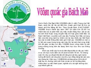 Vườn Quốc Gia Bạch Mã (VQGBM) nằm ở miền Trung của Việt
Nam, cách thủ đô Hà nội 680 Km, thành phố Huế 40 Km và
thành phố Đà Nẵng 65 Km. Theo Quyết Định 214/CT-HĐBT,
VQGBM đ-ược thành lập năm 1991 với diện tích 22.031 ha
nhằm bảo vệ và phát triển các mẫu chuẩn động thực vật và các
hệ sinh thái thuộc vùng chuyển tiếp khí hậu giữa miền Bắc và
Nam Việt Nam. Là phần cuối của dãy Trường Sơn Bắc và trung
tâm của dải rừng xanh tự nhiên còn lại duy nhất của Việt Nam
kéo dài từ biển Đông đến biên giới Việt Lào, VQGBM có một vị
trí hết sức quan trọng trong việc bảo tồn hệ sinh thái rừng nhiệt
đới rất giàu và đẹp nơi đây. VQGBM được công nhận là một
trong những trung tâm đa dạng Sinh học của khu vực Đông
Dương.
Đỉnh cao nhất của Vườn là đỉnh Bạch Mã với độ cao 1450
m so với mực nước biển và chỉ cách bờ biển 18 km. Từ những
năm 30, khu vực Bạch Mã đã nổi tiếng là một khu nghỉ mát lý
tưởng để tránh cái nóng bức của khu vực đồng bằng lân cận vào
các tháng hè. Hiện nay, VQGBM đã và đang phục hồi một số
biệt thự cũ, đường mòn sinh thái và các cơ sở hạ tầng khác
nhằm phục vụ việc tham quan, nghiên cứu và nghĩ dưỡng của
quý khách gần xa.
 