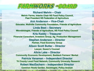 Richard Melvin Chair
Melvin Farms, Interim Chair NS Food Policy Council,
Past President NS Federation of Agriculture
Ann Anderson Vice-Chair
Educator, Wolfville Community Foundation, Friends of Agriculture
Linda Best Secretary
Microbiologist, Friends of Agriculture, NS Food Policy Council
Kris Keddy Treasurer
Financial Consultant, Investors Group, Ag. Production Management
Stephen Anderson Director
Partner, Food Economy Group
Alison Scott Butler Director
Alicia Lake Director
Patricia Vanaman Independent Director
Tri County Local Food Network, Community University Research
Robert MacEachern Independent Director
Common Roots Garden, Sociologist, Policy Analyst
 