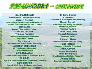 Gordon Caldwell
Partner, Grant Thornton Accounting
Gordon Michael
Continuing Education SMU, Food Alliance,
Former Executive Director FMIC CEDIF
Jeff Moore
Former CEO Just Us! Coffee,
Chair Just Us! CEDIF
Thomas Krausse
Dandelion Community Investment
Cooperative Limited
Gary Morton
Partner Morton Horticultural Consulting
Jonathan McClelland
NS Co-op Council Business
Development Officer
Edith Callaghan
Professor Manning School of Business, Acadia
Av Singh
Organic & Rural Infrastructure Specialist, Perennia
Hank Bosveld
Bosveld Fruit Farm, NS Farm Loan Board
Jo Anne Fewer
CEO Perennia,
Seconded to Building Our New Economy
Susan Carroll
Restaurant, Wolfville
Charles Keddy
Charles Keddy Farms
Rupert Jannasch
Ironwood Farm
Duncan Ebata
Business Acadia, Web, Marketing
Ross Piercey
Business & Quality Consultant
John Aylward
Venture Solutions CB
Peter Hicklenton
Crop Production Systems Research
Jeremy White
Engineer, Marketing, Big Spruce
 