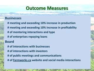 Outcome  Measures  
Businesses  
#  meeting  and  exceeding  10%  increase  in  production  
#  meeting  and  exceeding  10%  increase  in  profitability  
#  of  mentoring  interactions  and  type  
#  of  enterprises  repaying  loans    
Board  
#  of  interactions  with  businesses    
#  of  interactions  with  investors    
#  of  public  meetings  and  communications  
#  of  Farmworks.ca  website  and  social  media  interactions    
  
  
 