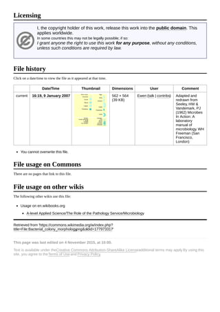 I, the copyright holder of this work, release this work into the public domain. This
applies worldwide.
In some countries this may not be legally possible; if so:
I grant anyone the right to use this work for any purpose, without any conditions,
unless such conditions are required by law.
Click on a date/time to view the file as it appeared at that time.
Date/Time Thumbnail Dimensions User Comment
current 16:19, 9 January 2007 562 × 564
(39 KB)
Ewen (talk | contribs) Adapted and
redrawn from
Seeley, HW &
Vandemark, PJ
(1962) Microbes
In Action: A
laboratory
manual of
microbiology. WH
Freeman (San
Francisco,
London)
You cannot overwrite this file.
There are no pages that link to this file.
The following other wikis use this file:
Usage on en.wikibooks.org
A-level Applied Science/The Role of the Pathology Service/Microbiology
Retrieved from "https://commons.wikimedia.org/w/index.php?
title=File:Bacterial_colony_morphology.png&oldid=177973317"
This page was last edited on 4 November 2015, at 10:00.
Text is available under theCreative Commons Attribution-ShareAlike License; additional terms may apply. By using this
site, you agree to theTerms of Useand Privacy Policy.
Licensing
File history
File usage on Commons
File usage on other wikis
 