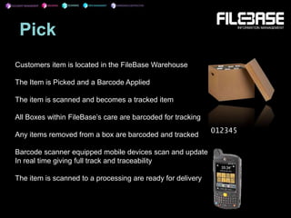 Pick
012345
Customers item is located in the FileBase Warehouse
The Item is Picked and a Barcode Applied
The item is scanned and becomes a tracked item
All Boxes within FileBase’s care are barcoded for tracking
Any items removed from a box are barcoded and tracked
Barcode scanner equipped mobile devices scan and update
In real time giving full track and traceability
The item is scanned to a processing are ready for delivery
 