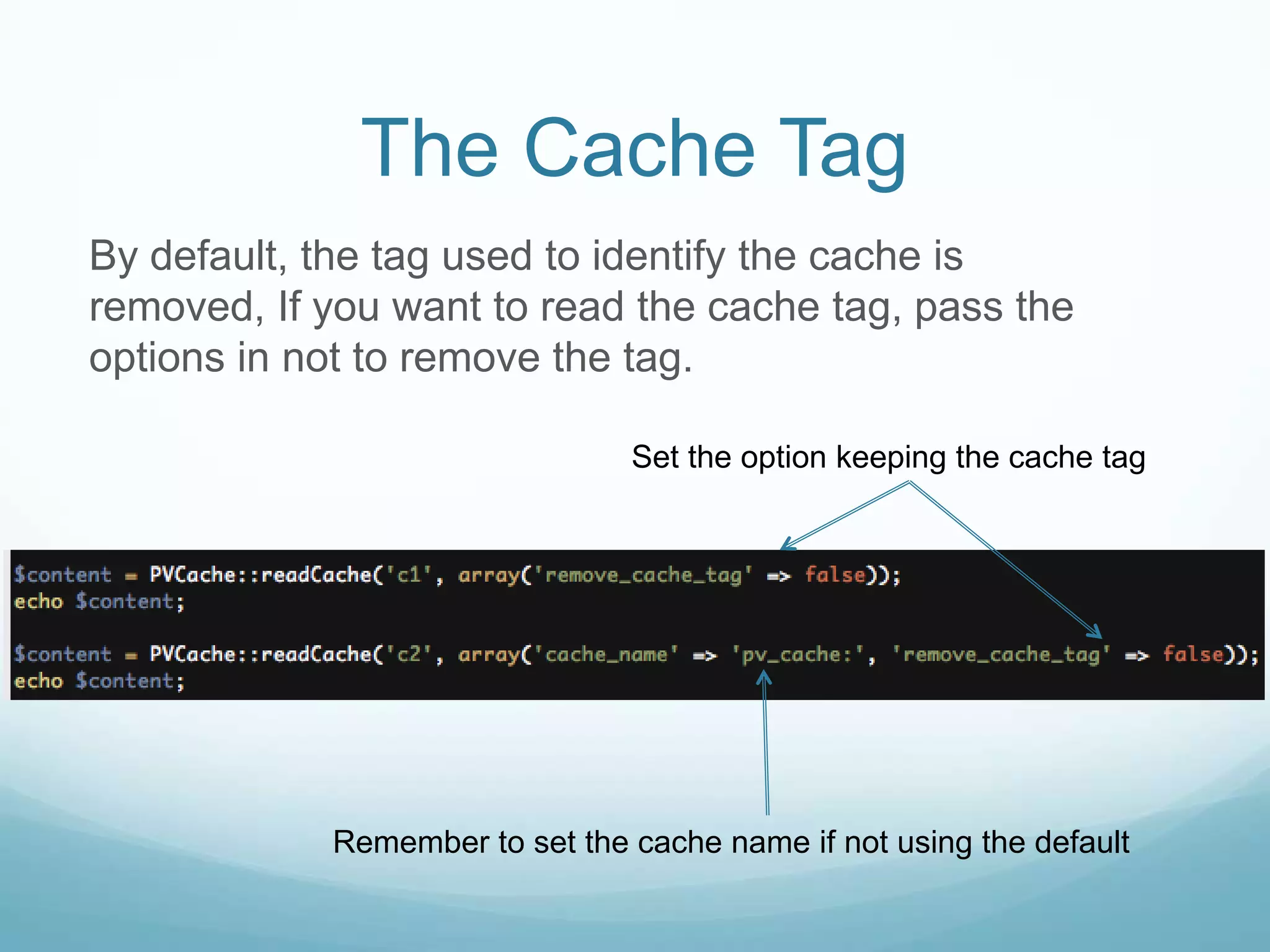 The Cache Tag
By default, the tag used to identify the cache is
removed, If you want to read the cache tag, pass the
options in not to remove the tag.

                                Set the option keeping the cache tag




            Remember to set the cache name if not using the default
 