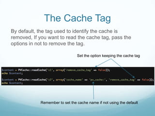 The Cache Tag
By default, the tag used to identify the cache is
removed, If you want to read the cache tag, pass the
options in not to remove the tag.

                                Set the option keeping the cache tag




            Remember to set the cache name if not using the default
 