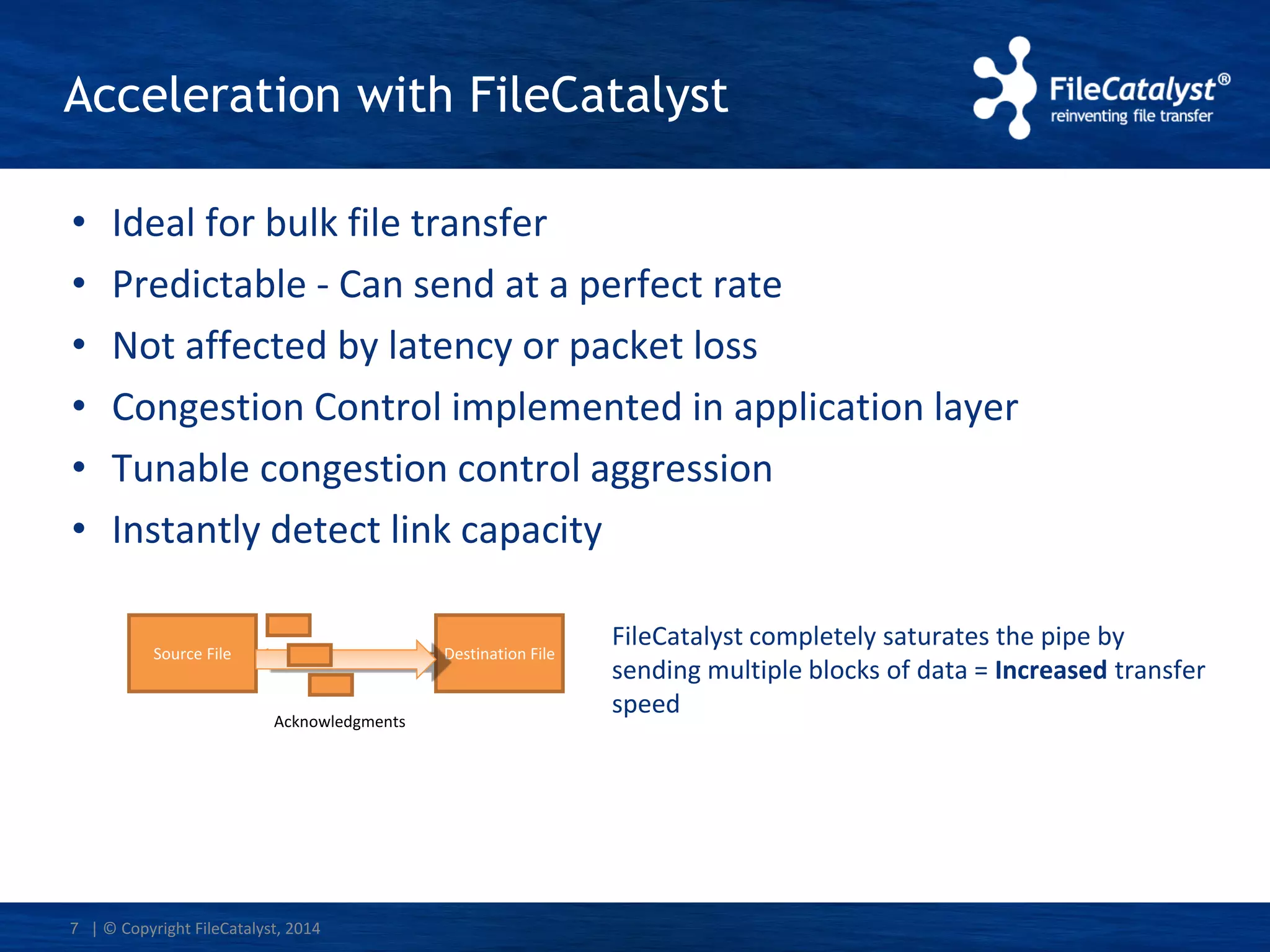 Acceleration with FileCatalyst
• Ideal for bulk file transfer
• Predictable - Can send at a perfect rate
• Not affected by latency or packet loss
• Congestion Control implemented in application layer
• Tunable congestion control aggression
• Instantly detect link capacity
| © Copyright FileCatalyst, 20147
Source File Destination File
Acknowledgments
FileCatalyst completely saturates the pipe by
sending multiple blocks of data = Increased transfer
speed
 