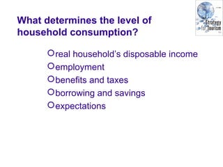 What determines the level of
household consumption?
real household’s disposable income
employment
benefits and taxes
borrowing and savings
expectations
 