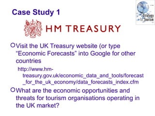 Case Study 1
Visit the UK Treasury website (or type
“Economic Forecasts” into Google for other
countries
http://www.hm-
treasury.gov.uk/economic_data_and_tools/forecast
_for_the_uk_economy/data_forecasts_index.cfm
What are the economic opportunities and
threats for tourism organisations operating in
the UK market?
 