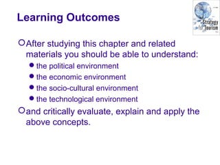 Learning Outcomes
After studying this chapter and related
materials you should be able to understand:
the political environment
the economic environment
the socio-cultural environment
the technological environment
and critically evaluate, explain and apply the
above concepts.
 