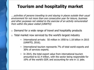 Tourism and hospitality market
….activities of persons travelling to and staying in places outside their usual
environment for not more than one consecutive year for leisure, business
and other purposes not related to the exercise of an activity remunerated
from within the place visited (UNWTO)
o Demand for a wide range of travel and hospitality products
o Total market now serviced by the world’s largest industry
• International arrivals: 50 million in 1950 to 1.18 billion in 2015
(UNWTO, 2016).
• International tourism represents 7% of total world exports and
30% of services exports.
• In 2015, the total export value from international tourism
amounted to $1.4 trillion, with the sector being responsible for
10% of the world’s GDP, and accounting for one in 11 jobs.
 