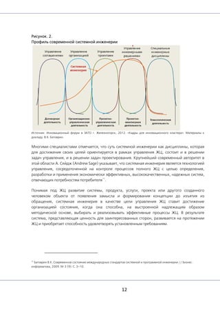 12
Рисунок. 2.
Профиль современной системной инженерии
Источник: Инновационный форум в ЗАТО г. Железногорск, 2012. «Кадры для инновационного кластера». Материалы к
докладу. В.К. Батоврин.
Многими специалистами отмечается, что суть системной инженерии как дисциплины, которая
для достижения своих целей ориентируется в рамках управления ЖЦ, состоит и в решении
задач управления, и в решении задач проектирования. Крупнейший современный авторитет в
этой области А. Сейдж (Andrew Sage) указывает, что системная инженерия является технологией
управления, сосредоточенной на контроле процессов полного ЖЦ с целью определения,
разработки и применения экономически эффективных, высококачественных, надежных систем,
отвечающих потребностям потребителя
11
.
Понимая под ЖЦ развитие системы, продукта, услуги, проекта или другого созданного
человеком объекта от появления замысла и формирования концепции до изъятия из
обращения, системная инженерия в качестве цели управления ЖЦ ставит достижение
организацией состояния, когда она способна, на выстроенной надлежащим образом
методической основе, выбирать и реализовывать эффективные процессы ЖЦ. В результате
система, представляющая ценность для заинтересованных сторон, развивается на протяжении
ЖЦ и приобретает способность удовлетворять установленным требованиям.
11
Батоврин В.К. Современное состояние международных стандартов системной и программной инженерии // Бизнес-
информатика, 2009. № 3 (9). С. 3–10.
 