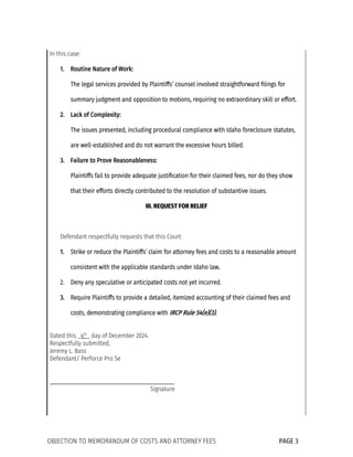 Objection Fee Objection to Memorandum of Costs and Attorney Fees Filed by Defendant ...