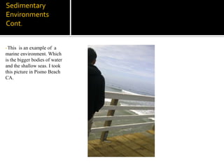 The picture on the right is an example of continental environment, I took this picture in the Sequoia National Park CA. I took this in January when their was still plenty of snow up there. Sedimentary Environments Cont. This  is an example of  a marine environment. Which is the bigger bodies of water and the shallow seas. I took this picture in Pismo Beach CA. Practical Use of GeologyThese are pictures of canal banks that are used to move water to irrigate crops. These pictures were taken in two different canals in Corcoran CA. Corcoran is really big in farming so the formation of canals is very essential to the farmers there. Especially this time of year when all the growing of the crops and cotton is beginning. 