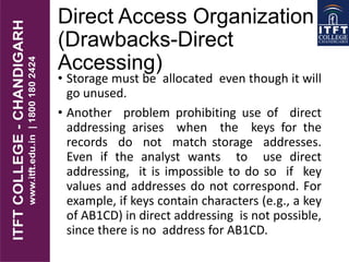 Direct Access Organization
(Drawbacks-Direct
Accessing)
• Storage must be allocated even though it will
go unused.
• Another problem prohibiting use of direct
addressing arises when the keys for the
records do not match storage addresses.
Even if the analyst wants to use direct
addressing, it is impossible to do so if key
values and addresses do not correspond. For
example, if keys contain characters (e.g., a key
of AB1CD) in direct addressing is not possible,
since there is no address for AB1CD.
 