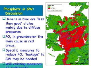 Phosphate in GW:
Discussion

 Rivers in blue are ‘less

than good’ status
mainly due to diffuse
pressures
 PO4 in groundwater the
main cause in red
areas.
 Specific measures to
reduce PO4 “leakage” to
GW may be needed
 Will existing measures

 