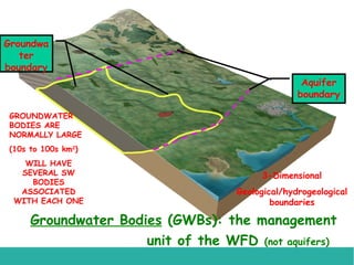 Groundwa
ter
boundary
Aquifer
boundary
GROUNDWATER
BODIES ARE
NORMALLY LARGE
(10s to 100s km2)
WILL HAVE
SEVERAL SW
BODIES
ASSOCIATED
WITH EACH ONE

3-Dimensional
Geological/hydrogeological
boundaries

Groundwater Bodies (GWBs): the management
unit of the WFD (not aquifers)

 