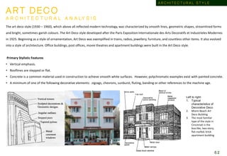 A R T D E C O
A R C H I T E C T U R A L A N A LY S I S
The art deco style (1930 – 1960), which above all reflected modern technology, was characterized by smooth lines, geometric shapes, streamlined forms
and bright, sometimes garish colours. The Art Deco style developed after the Paris Exposition Internationale des Arts Decoratifs et Industrieles Modernes
in 1925. Beginning as a style of ornamentation, Art Deco was exemplified in trains, radios, jewellery, furniture, and countless other items. It also evolved
into a style of architecture. Office buildings, post offices, movie theatres and apartment buildings were built in the Art Deco style.
Primary Stylistic Features
• Vertical emphasis.
• Rooflines are stepped or flat.
• Concrete is a common material used in construction to achieve smooth white surfaces. However, polychromatic examples exist with painted concrete.
• A minimum of one of the following decorative elements: zigzags, chevrons, sunburst, fluting, banding or other references to the machine age.
Left to right:
1. Typical
characteristics of
Decorative Deco
2. Miami Beach Art
Deco Building
3. The most familiar
type of the style in
Cincinnati is the
box-like, two-story,
flat-roofed, brick
apartment building
A R C H I T E C T U R A L S T Y L E
5 2
 