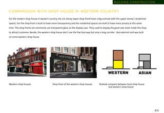C O M PA R I S I O N W I T H S H O P H O U S E I N W ES T E R N C O U N T R Y
For the modern shop house in western country, the 1st storey (open shop front) have a big contrast with the upper storey ( residential
space). For the shop front is built to have more transparency and the residential spaces are built to have more privacy at the same
time. The shop fronts are commonly use transparent glass as the display case. They used to display the good sale stock inside the shop
to attract customer. Beside, the western shop house don't use the five foot way but only a long corridor . But external roof was built
on some western shop house.
Western shop houses Shop front of the western shop houses Outlook compare between local shop house
and western shop house
B U I L D I N G C O N S T R U C T I O N
6 4
 