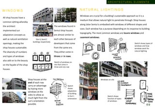 W I N D O W S
All shop houses have a
common setting whereby
the architect
implemented sun
adaptation concepts as
well as natural ventilation
openings, making the
shop houses sustainable.
The diversity of numbers
and types of windows
also add on to the beauty
on the façade of the shop
houses.
Site A, Band C
buildings respectively
The windows found in
Sentul shop houses
are almost similar to
each other because of
developers that come
from the same era.
They either come in
threes or in rows.
Sketch of windows on
site that come in
three and one row
Windows are crucial for a building’s sustainable approach as it is a
medium that allows natural light to penetrate through. Shop houses
along Jalan Sentul is embodied with windows of different shapes and
sizes. Each window has a purpose depending on its response to building
topography. The most common windows are louvre windows and
casement windows.
Sketch shows types of
windows and how
windows work for
natural lighting
N A T U R A L L I G H T I N G S
Windows on site
Sketch shows
function of types
of windows
Shop houses at the
end of each row
carry an advantage
by having more
windows at the
sides to allow as
much light from the
sun’s orientation
possible.
Sketch
shows
adaptation
of building
to Sun’s
orientation
A R C H I T E C T U R A L E L E M E N T S
6 9
 