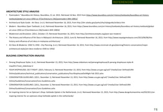 ARCHITECTURE STYLE ANALYSIS
• Postmodern.” Boundless Art History. Boundless, 21 Jul. 2015. Retrieved 16 Nov. 2015 from https://www.boundless.com/art-history/textbooks/boundless-art-history-
textbook/global-art-since-1950-ce-37/architecture-236/postmodern-840-10852/
• Architectural Style Guide - Art Deco. (n.d.). Retrieved November 16, 2015, from http://dnr.alaska.gov/parks/oha/styleguide/artdeco.htm
• Modern - Boundless Open Textbook. (n.d.). Retrieved November 16, 2015, from https://www.boundless.com/art-history/textbooks/boundless-art-history-textbook/global-
art-since-1950-ce-37/architecture-236/modern-839-10850/
• Modernism and Brutalism. (2011, October 17). Retrieved November 16, 2015, from http://architecturestyles.org/post-war-modern/
• The History and Influence of Art Deco in Malaysia's Architecture. (2013, June 6). Retrieved November 16, 2015, from http://www.expatgomalaysia.com/2013/06/06/the-
history-and-influence-of-art-deco-in-malaysias-architecture/
• Art Deco & Moderne: 1930 To 1950 - City Planning. (n.d.). Retrieved November 16, 2015, from http://www.cincinnati-oh.gov/planning/historic-conservation/major-
architectural-styles/art-deco-moderne-1930-to-1950/
BUILDING CONSTRUCTION ANALYSIS
• Penang Shophouse Styles. (n.d.). Retrieved November 13, 2015, from http://www.slideshare.net/penangshophouse/4-penang-shophouse-styles-8-
may2011?next_slideshow=2
• YOUR SHOPHOUSES: DO IT RIGHT. (2015, February 1). Retrieved November 13, 2015, from http://www.ura.gov.sg/uol/~/media/User Defined/URA
Online/publications/technical_publications/conservation_publications/YourShophouseDoItRight Feb 2015.ashx
• CONVERSATION GUIDELINES. (2011, December 1). Retrieved November 13, 2015, from http://www.ura.gov.sg/uol/~/media/User Defined/URA
Online/Guidelines/Conservation/Cons-Guidelines.ashx
• CONVERSATION GUIDELINES. (2011, December 1). Retrieved November 13, 2015, from http://www.ura.gov.sg/uol/~/media/User Defined/URA
Online/Guidelines/Conservation/Cons-Guidelines.ashx
• An Inspiring Interior for an Optician’s Shop: Hofstede Optiek in the Netherlands. (n.d.). Retrieved November 15, 2015, from http://www.designhomeonline.net/03/2011/an-
inspiring-interior-for-an-opticians-shop-hofstede-optiek-in-the-netherlands/
7 5
R E F E R E N C ES
 