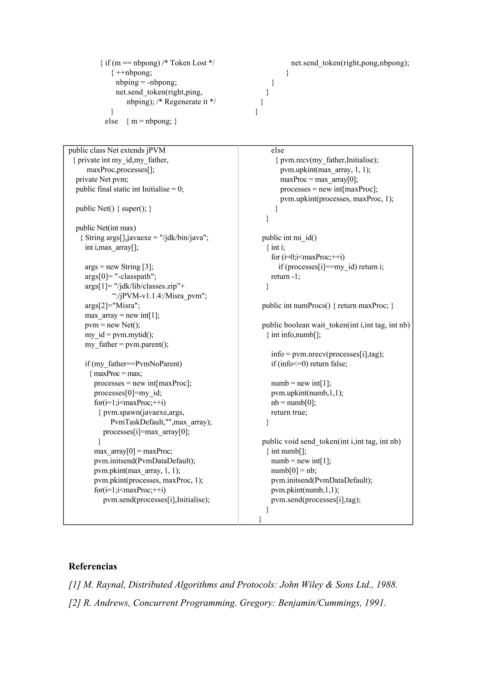 { if (m == nbpong) /* Token Lost */
{ ++nbpong;
nbping = -nbpong;
net.send_token(right,ping,
nbping); /* Regenerate it */
}
else { m = nbpong; }
net.send_token(right,pong,nbpong);
}
}
}
}
}
public class Net extends jPVM
{ private int my_id,my_father,
maxProc,processes[];
private Net pvm;
public final static int Initialise = 0;
public Net() { super(); }
public Net(int max)
{ String args[],javaexe = "/jdk/bin/java";
int i,max_array[];
args = new String [3];
args[0]= "-classpath";
args[1]= "/jdk/lib/classes.zip”+
“:/jPVM-v1.1.4:/Misra_pvm";
args[2]="Misra";
max_array = new int[1];
pvm = new Net();
my_id = pvm.mytid();
my_father = pvm.parent();
if (my_father==PvmNoParent)
{ maxProc = max;
processes = new int[maxProc];
processes[0]=my_id;
for(i=1;i<maxProc;++i)
{ pvm.spawn(javaexe,args,
PvmTaskDefault,"",max_array);
processes[i]=max_array[0];
}
max_array[0] = maxProc;
pvm.initsend(PvmDataDefault);
pvm.pkint(max_array, 1, 1);
pvm.pkint(processes, maxProc, 1);
for(i=1;i<maxProc;++i)
pvm.send(processes[i],Initialise);
else
{ pvm.recv(my_father,Initialise);
pvm.upkint(max_array, 1, 1);
maxProc = max_array[0];
processes = new int[maxProc];
pvm.upkint(processes, maxProc, 1);
}
}
public int mi_id()
{ int i;
for (i=0;i<maxProc;++i)
if (processes[i]==my_id) return i;
return -1;
}
public int numProcs() { return maxProc; }
public boolean wait_token(int i,int tag, int nb)
{ int info,numb[];
info = pvm.nrecv(processes[i],tag);
if (info<=0) return false;
numb = new int[1];
pvm.upkint(numb,1,1);
nb = numb[0];
return true;
}
public void send_token(int i,int tag, int nb)
{ int numb[];
numb = new int[1];
numb[0] = nb;
pvm.initsend(PvmDataDefault);
pvm.pkint(numb,1,1);
pvm.send(processes[i],tag);
}
}
Referencias
[1] M. Raynal, Distributed Algorithms and Protocols: John Wiley & Sons Ltd., 1988.
[2] R. Andrews, Concurrent Programming. Gregory: Benjamin/Cummings, 1991.
 