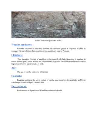 Sardai formation (pen is for scale).
Warcha sandstone:
Warchha sandstone is the third member of nilawahan group in sequence of older to
younger. The age of nilawahan group (warchha sandstone) is early Permian.
Lithology:
This formation consists of sandstone with interbeds of shale. Sandstone is medium to
coarse grained, gritty, cross bedded and conglomeratic in places. The color of sandstone is reddish
to purplish or show lighter shades of pink.
Age:
The age of warcha sandstone is Permian.
Contacts:
In central salt range the upper contact of warcha sand stone is with sardai clay and lower
with hangu formation in pail katha section.
Environment:
Environment of deposition of Warchha sandstone is fluvial.
 