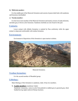 b) Mittiwala member:
It is the middle part of the Mianwali formation and consists of green shale beds with sandstone
and limestone interbedded.
c) Narmia member:
It is the lower most member of the Mianwali formation and mainly consists of sandy dolomite,
and dark gray to brown color limestone. Sandstone interbeds are also found in this part.
Contacts:
Lower contact with chhidru formation is marked by Para conformity while the upper
contact is sharp and conformable with tredian formation.
Environment:
Environment of deposition of this formation is open marine to deltaic.
Mianwali formation.
Tredian formation:
It is the second member of Musakhel group.
Lithology:
Main lithology of this formation is sandstone, shale. It has two members.
1. Landa member: (sandstone+shale)
Sandstone: micaceous, varies in color from pinkish to reddish grey to greenish grey, thick
bedded having ripple marks & Slump structures.
 