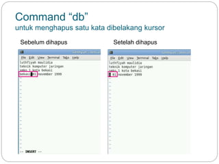 Command “db”
untuk menghapus satu kata dibelakang kursor
Sebelum dihapus Setelah dihapus
 
