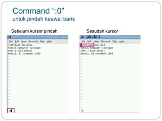 Command “:0”
untuk pindah keawal baris
Sebelum kursor pindah Sesudah kursor
pindah
 