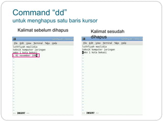 Command “dd”
untuk menghapus satu baris kursor
Kalimat sebelum dihapus Kalimat sesudah
dihapus
 