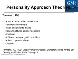 Enterprise Concepts and Issues © Goodfellow Publishers 2016
Personality Approach Theories
Timmons (1994)
• Some acquired t...