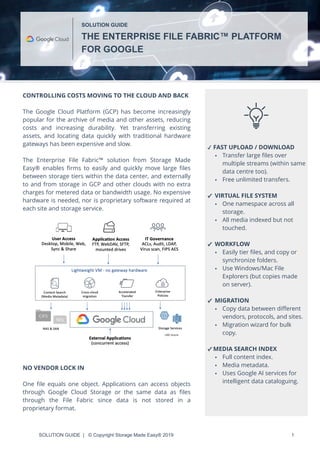 SOLUTION GUIDE | © Copyright Storage Made Easy® 2019 1
SOLUTION GUIDE
THE ENTERPRISE FILE FABRIC™ PLATFORM
FOR GOOGLE
CONTROLLING COSTS MOVING TO THE CLOUD AND BACK
The Google Cloud Platform (GCP) has become increasingly
popular for the archive of media and other assets, reducing
costs and increasing durability. Yet transferring existing
assets, and locating data quickly with traditional hardware
gateways has been expensive and slow.
The Enterprise File Fabric™ solution from Storage Made
Easy® enables ﬁrms to easily and quickly move large ﬁles
between storage tiers within the data center, and externally
to and from storage in GCP and other clouds with no extra
charges for metered data or bandwidth usage. No expensive
hardware is needed, nor is proprietary software required at
each site and storage service.
✓ FAST UPLOAD / DOWNLOAD
• Transfer large ﬁles over
multiple streams (within same
data centre too).
• Free unlimited transfers.
✓ VIRTUAL FILE SYSTEM
• One namespace across all
storage.
• All media indexed but not
touched.
✓ WORKFLOW
• Easily tier ﬁles, and copy or
synchronize folders.
• Use Windows/Mac File
Explorers (but copies made
on server).
✓ MIGRATION
• Copy data between diﬀerent
vendors, protocols, and sites.
• Migration wizard for bulk
copy.
✓ MEDIA SEARCH INDEX
• Full content index.
• Media metadata.
• Uses Google AI services for
intelligent data cataloguing.
NO VENDOR LOCK IN
One ﬁle equals one object. Applications can access objects
through Google Cloud Storage or the same data as ﬁles
through the File Fabric since data is not stored in a
proprietary format.
 