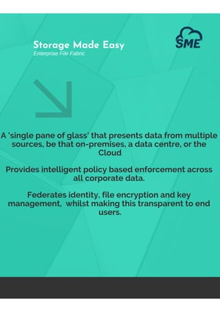 A 'single pane of glass' that presents data from multiple
sources, be that on-premises, a data centre, or the
Cloud
Provides intelligent policy based enforcement across
all corporate data.
Federates identity, file encryption and key
management, whilst making this transparent to end
users.
Storage Made Easy
Enterprise File Fabric
 