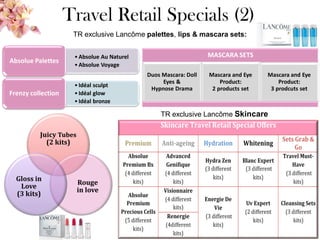 Travel Retail Specials (2)
TR exclusive Lancôme palettes, lips & mascara sets:
27
• Absolue Au Naturel
• Absolue Voyage
Absolue Palettes
• Idéal sculpt
• Idéal glow
• Idéal bronze
Frenzy collection
Juicy Tubes
(2 kits)
Rouge
in love
Gloss in
Love
(3 kits)
MASCARA SETS
Duos Mascara: Doll
Eyes &
Hypnose Drama
Mascara and Eye
Product:
2 products set
Mascara and Eye
Product:
3 prodcuts set
TR exclusive Lancôme Skincare
 