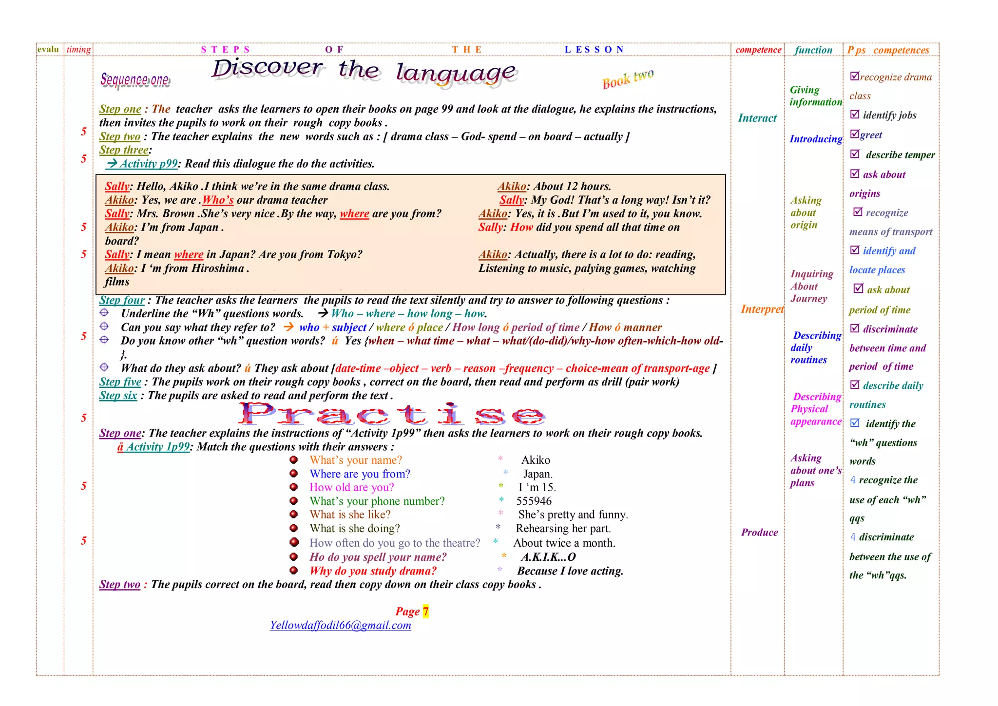 evalu timing S T E P S O F T H E L E S S O N competence function P ps competences
5
5
5
5
5
5
5
5
Step one : The teacher asks the learners to open their books on page 99 and look at the dialogue, he explains the instructions,
then invites the pupils to work on their rough copy books .
Step two : The teacher explains the new words such as : [ drama class – God- spend – on board – actually ]
Step three:
 Activity p99: Read this dialogue the do the activities.
Step four : The teacher asks the learners the pupils to read the text silently and try to answer to following questions :
Underline the “Wh” questions words.  Who – where – how long – how.
Can you say what they refer to?  who + subject / where ó place / How long ó period of time / How ó manner
Do you know other “wh” question words? ú Yes {when – what time – what – what/(do-did)/why-how often-which-how old-
}.
What do they ask about? ú They ask about [date-time –object – verb – reason –frequency – choice-mean of transport-age ]
Step five : The pupils work on their rough copy books , correct on the board, then read and perform as drill (pair work)
Step six : The pupils are asked to read and perform the text .
Step one: The teacher explains the instructions of “Activity 1p99” then asks the learners to work on their rough copy books.
å Activity 1p99: Match the questions with their answers :
What’s your name? * Akiko
Where are you from? * Japan.
How old are you? * I ‘m 15.
What’s your phone number? * 555946
What is she like? * She’s pretty and funny.
What is she doing? * Rehearsing her part.
How often do you go to the theatre? * About twice a month.
Ho do you spell your name? * A.K.I.K...O
Why do you study drama? * Because I love acting.
Step two : The pupils correct on the board, read then copy down on their class copy books .
Page 7
Yellowdaffodil66@gmail.com
Interact
Interpret
Produce
Giving
information
Introducing
Asking
about
origin
Inquiring
About
Journey
Describing
daily
routines
Describing
Physical
appearance
Asking
about one’s
plans
recognize drama
class
 identify jobs
greet
 describe temper
 ask about
origins
 recognize
means of transport
 identify and
locate places
 ask about
period of time
 discriminate
between time and
period of time
 describe daily
routines
 identify the
“wh” questions
words
4 recognize the
use of each “wh”
qqs
4 discriminate
between the use of
the “wh”qqs.
Sally: Hello, Akiko .I think we’re in the same drama class. Akiko: About 12 hours.
Akiko: Yes, we are .Who’s our drama teacher Sally: My God! That’s a long way! Isn’t it?
Sally: Mrs. Brown .She’s very nice .By the way, where are you from? Akiko: Yes, it is .But I’m used to it, you know.
Akiko: I’m from Japan . Sally: How did you spend all that time on
board?
Sally: I mean where in Japan? Are you from Tokyo? Akiko: Actually, there is a lot to do: reading,
Akiko: I ‘m from Hiroshima . Listening to music, palying games, watching
films
Sally : So, you traveled by plane n of course .How long does it take? Eating and sleeping of course.
 