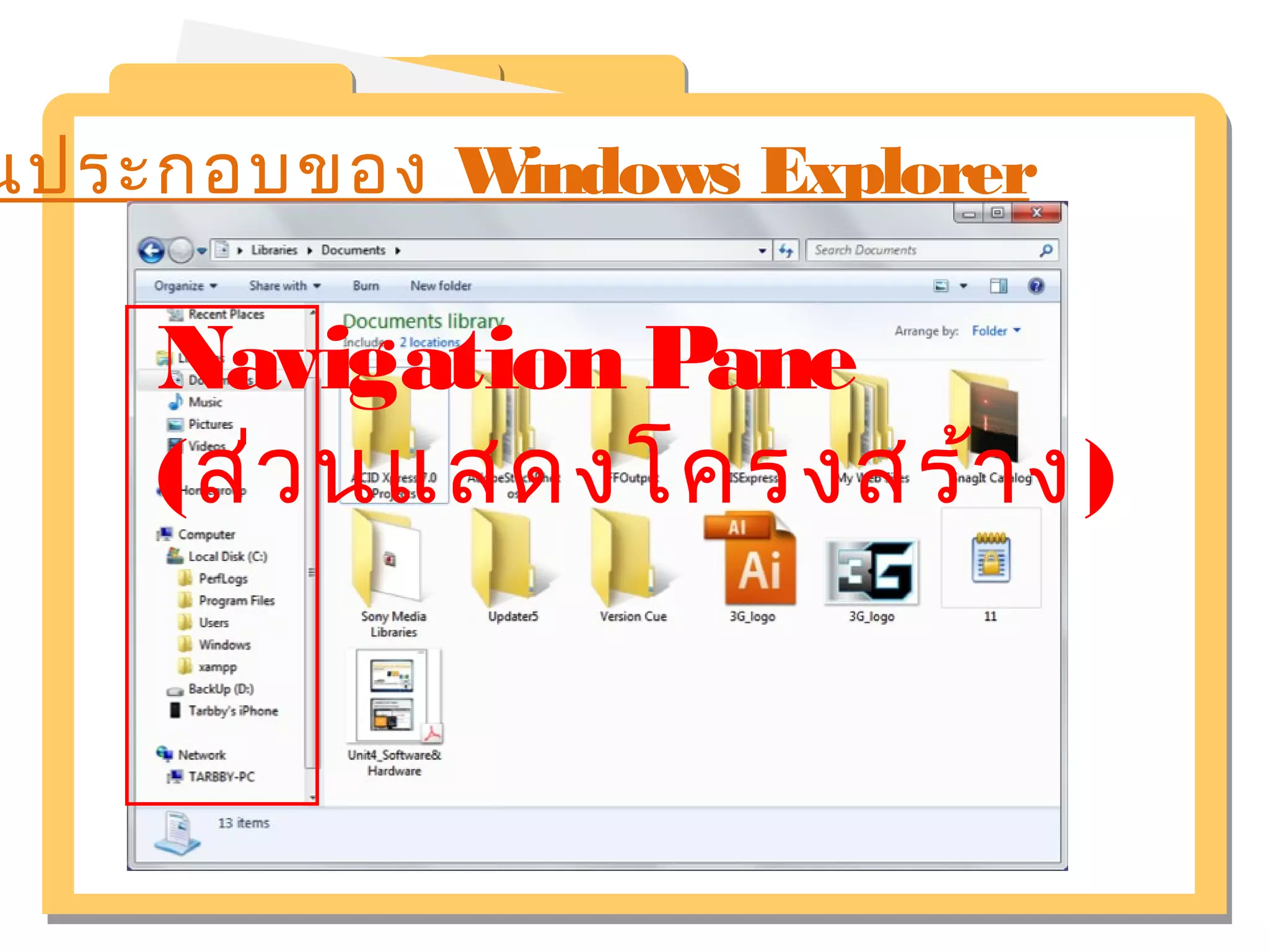 นประกอบของ Windows Explorer 
Navigation Pane 
(ส่วนแสดงโครงสร้าง) 
 