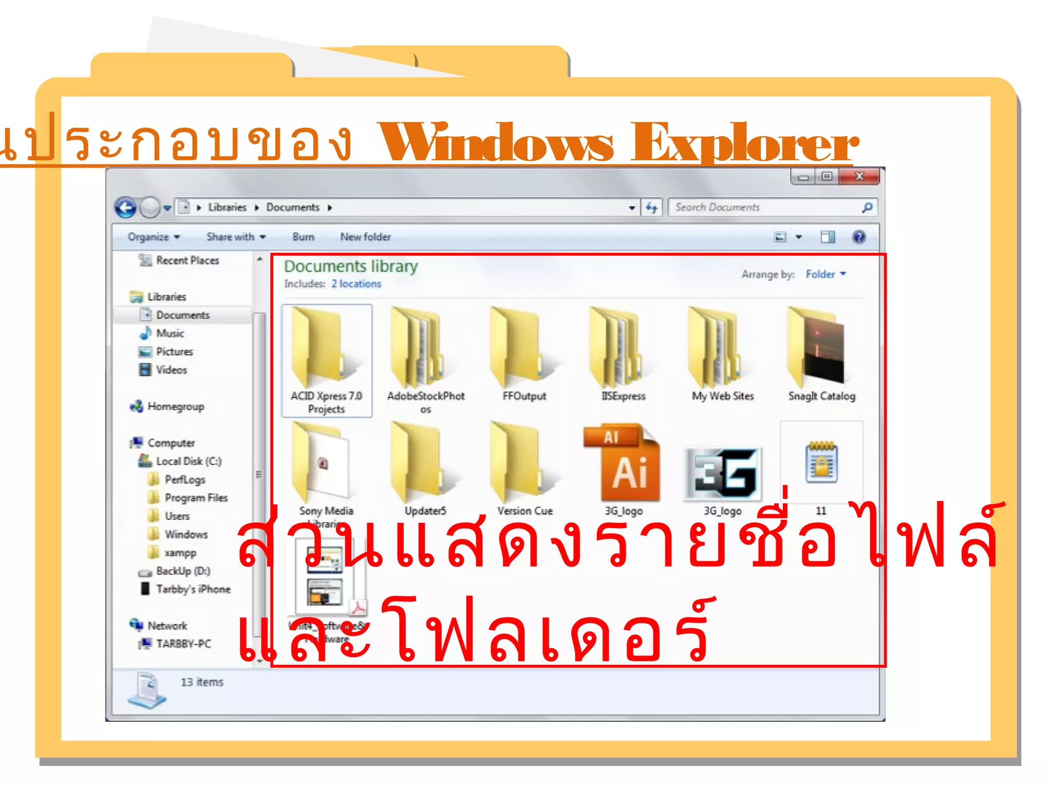 นประกอบของ Windows Explorer 
ส่วนแสดงรายชื่อไฟล์ 
และโฟลเดอร์ 
 