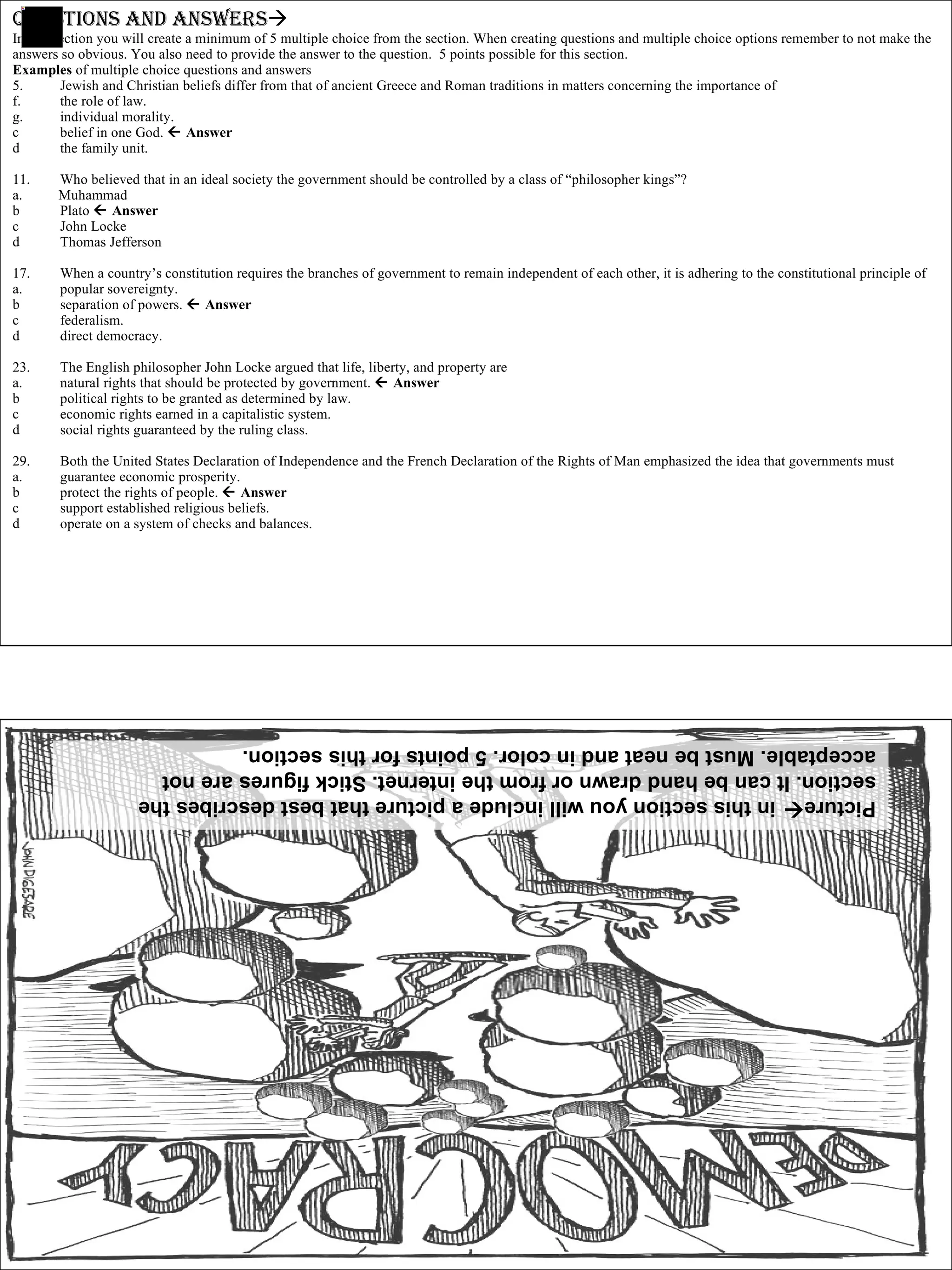 Questions and Answers  In this section you will create a minimum of 5 multiple choice from the section. When creating questions and multiple choice options remember to not make the answers so obvious. You also need to provide the answer to the question.  5 points possible for this section. Examples  of multiple choice questions and answers Jewish and Christian beliefs differ from that of ancient Greece and Roman traditions in matters concerning the importance of the role of law. individual morality. belief in one God.    Answer the family unit. Who believed that in an ideal society the government should be controlled by a class of “philosopher kings”? a.  Muhammad Plato    Answer John Locke Thomas Jefferson When a country’s constitution requires the branches of government to remain independent of each other, it is adhering to the constitutional principle of a. popular sovereignty. separation of powers.    Answer federalism. direct democracy. The English philosopher John Locke argued that life, liberty, and property are a. natural rights that should be protected by government.    Answer political rights to be granted as determined by law. economic rights earned in a capitalistic system. social rights guaranteed by the ruling class. Both the United States Declaration of Independence and the French Declaration of the Rights of Man emphasized the idea that governments must a. guarantee economic prosperity. protect the rights of people.    Answer support established religious beliefs. operate on a system of checks and balances.  Picture   in this section you will include a picture that best describes the section. It can be hand drawn or from the internet. Stick figures are not acceptable. Must be neat and in color. 5 points for this section. 