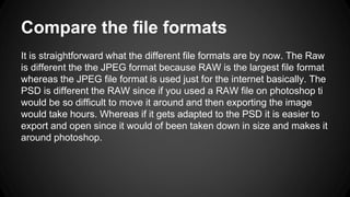 Compare the file formats
It is straightforward what the different file formats are by now. The Raw
is different the the JP...