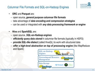 November 27, 2019
Columnar File Formats and SQL-on-Hadoop Engines
• ORC and Parquet are:
 open source, general purpose columnar file formats
 take advantage of data encoding and compression strategies
 can be used or integrated with any data processing framework or engine
• Hive and SparkSQL are:
 open source, SQL-on-Hadoop engines
 efficiently query data stored in columnar file formats (typically in HDFS)
 provide SQL-like dialect (called HiveQL) to work with structured data
 offer a high-level abstraction on top of processing engine (like MapReduce
and Spark)
6
 