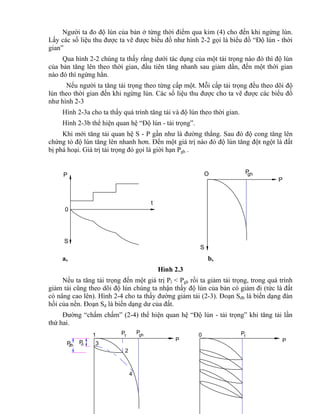 Pgh
S
P
P
t
0
S
O
P
1 ghP
2
3
4
P1
Pd®hP
1P0
P
Người ta đo độ lún của bản ở từng thời điểm qua kim (4) cho đến khi ngừng lún.
Lấy các số liệu thu được ta vẽ được biểu đồ như hình 2-2 gọi là biểu đồ “Độ lún - thời
gian”
Qua hình 2-2 chúng ta thấy rằng dưới tác dụng của một tải trọng nào đó thì độ lún
của bản tăng lên theo thời gian, đầu tiên tăng nhanh sau giảm dần, đến một thời gian
nào đó thì ngừng hẳn.
Nếu người ta tăng tải trọng theo từng cấp một. Mỗi cấp tải trọng đều theo dõi độ
lún theo thời gian đến khi ngừng lún. Các số liệu thu được cho ta vẽ được các biểu đồ
như hình 2-3
Hình 2-3a cho ta thấy quá trình tăng tải và độ lún theo thời gian.
Hình 2-3b thể hiện quan hệ “Độ lún - tải trọng”.
Khi mới tăng tải quan hệ S - P gần như là đường thẳng. Sau đó độ cong tăng lên
chứng tỏ độ lún tăng lên nhanh hơn. Đến một giá trị nào đó độ lún tăng đột ngột là đất
bị phá hoại. Giá trị tải trọng đó gọi là giời hạn Pgh .
a, b,
Hình 2.3
Nếu ta tăng tải trọng đến một giá trị Pl < Pgh rồi ta giảm tải trọng, trong quá trình
giảm tải cũng theo dõi độ lún chúng ta nhận thấy độ lún của bản có giảm đi (tức là đất
có nâng cao lên). Hình 2-4 cho ta thấy đường giảm tải (2-3). Đoạn Sdh là biến dạng đàn
hồi của nền. Đoạn Sd là biến dạng dư của đất.
Đường “chấm chấm” (2-4) thể hiện quan hệ “Độ lún - tải trọng” khi tăng tải lần
thứ hai.
 