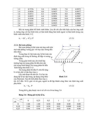 b
z
xo
y
P
1.2 0.7376 3.8 0.9835 7.0 0.9972
1.4 0.8036 4.0 0.9857 7.5 0.9977
1.6 0.8511 4.2 0.9876 8.0 0.9981
1.8 0.8855 4.4 0.9891 9.0 0.9987
2.0 0.9106 4.6 0.9904 10.0 0.9990
2.2 0.9291 4.8 0.9915 15.0 0.9997
2.4 0.9431 5.0 0.9925 20.0 0.9999
2.6 0.9537 5.2 0.9933 30.0 1.0000
Khi tải trọng phân bố hình vành khăn. Lúc đó chỉ cần tính hiệu của hai ứng suất
z tương ứng với hai hình tròn có bán kính bằng bán kính ngoài và bán kính trong của
hình vành như hình 3-12
z = (k1
tr - k2
tr). P (3.11)
3.3.4. Bài toán phẳng:
Bài toán phẳng là bài toán mà ứng suất trên
mọi mặt phẳng vuông góc với trục dọc móng đều
như nhau.
Trong thực tế, bài toán này là bài toán xác
định ứng suất trong nề đường, đê đập và móng
tường chắn.
Trong giáo trình này chỉ trình bày
trường hợp tải trọng phân bố đều kéo dài
(tải trọng hình băng).Tải trọng phân bố đều
hình băng như hình 3-11
Tải trọng phân bố đều P, trên bề rộng
b và kéo dài vô tận theo trục y.
Lấy một đoạn rất nhỏ dx. Coi lực tác
dụng dp là lực tập trung, áp dụng công thức Hình 3.11
của Jbutxinet. Sau đó tính phân theo trục x
(từ -b/2 đến +b/2): giải và rút gọn, người ta đã lập thành công thức xác định ứng suất
phụ thêm
z = kp . P (3.12)
Trong đó kp phụ thuộc vào tỉ số z/b và x/b tra bảng 3.6
Bảng 3.6 : Bảng giá trị hệ số kP
x/b
z/b
0 0,25 0,5 1 1,5 2
0 1.00 1.00 0.50 0.00 0.00 0.00
0,10 1.00 0.99 0.50 0.01 0.000 0.00
0,25 0.96 0.90 0.50 0.02 0.00 0.00
 