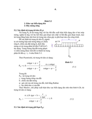 h
b
q= h P
z
o
2
cotg
cotg.c.π
2
cotg
2
cotg
hγPtd












c, d,
Hình 5.2
1: Khu vực biến dạng dẻo
2: Đáy móng cứng
5.2. Xác định tải trọng tới dẻo (Ptd):
Tải trọng Ptd là tải trọng ứng với lúc bắt đầu xuất hiện biến dạng dẻo ở hai mép
móng, nghĩa là ứng với lúc kết thúc giai đoạn nén chặt và bắt đầu giai đoạn trượt, mọi
tải trọng bằng hoặc nhỏ hơn tải trọng này chưa gây ra phá hoại nào cho công trình.
Để xác định tải trọng tới dẻo Ptd người
ta xét trường hợp một móng băng có chiều
rộng b, chiều sâu đặt móng h, dưới đáy
móng có tải trọng phân bố đều P (KN/m2
)
tác dụng. Trọng lượng lớp đất trong phạm
vi chôn móng được tính đổi ra thành tải trọng
phân bố đều q =  . h như Hình 5-3.
Theo Puzưriexki, tải trọng tới dẻo có dạng:
Hình 5.3
(5.1)
Trong đó:
Ptd : tải trọng tới dẻo
 : trọng lượng riêng của đất
h : chiều sâu đặt móng
 : góc nội ma sát trong của đất, tính bằng Rađian
c : lực dính đơn vị của đất
Theo Maxlov, cho phép xuất hiện khu vực biến dạng dẻo nhỏ như hình 6-2b, tải
trọng tới dẻo có dạng:
Ptd = h.γ
2
cotg
)
tg.γ
c
htg.b(γ.π







(5.2)
5.3. Xác định tải trọng giới hạn Pgh:
 