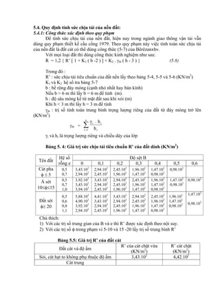 5.4. Quy định tính sức chịu tải của nền đất:
5.4.1: Công thức xác định theo quy phạm
Để tính sức chịu tải của nền đất, hiện nay trong ngành giao thông vận tải vẫn
dùng quy phạm thiết kế cầu cống 1979. Theo quy phạm này việc tính toán sức chịu tải
của nền đất là đất cát có thể dùng công thức (5-7) của Bêrêzanxbv.
Với mọi loại đất thì dùng công thức kinh nghiệm như sau:
R = 1,2  R’  1 + K1 ( b -2 )  + K2 . tb ( h - 3 )  (5.8)
Trong đó :
R’ : sức chịu tải tiêu chuẩn của đất nền lấy theo bảng 5-4, 5-5 và 5-6 (KN/m2
)
K1 và K2 hệ số tra bảng 5-7
b : bề rộng đáy móng (cạnh nhỏ nhất hay bán kính)
Nếu b > 6 m thì lấy b = 6 m để tính (m).
h : độ sâu móng kể từ mặt đất sau khi xói (m)
Khi h < 3 m thì lấy h = 3 m để tính
tb : trị số tính toán trung bình trọng lượng riêng của đất từ đáy móng trở lên
(KN/m2
)
tb = 
n
ii i
ii
h
h.γ
i và hi là trọng lượng riêng và chiều dày của lớp
Bảng 5. 4: Giá trị sức chịu tải tiêu chuẩn R’ của đất dính (KN/m2
)
Tên đất
Hệ số
rỗng e
Độ sệt B
0 0,1 0,2 0,3 0,4 0,5 0,6
Cát pha
  5
0,5
0,7
3,43.102
2,94.102
2,94.102
2,45.102
2,45.102
1,96.102
1,96.102
1,47.102
1,47.102
0,98.102
0,98.102
Á sét
1015
0,5
0,7
1,0
3,92.102
3,43.102
3,94.102
3,43.102
2,94.102
2,45.102
2,94.102
2,45.102
1,96.102
2,45.102
1,96.102
1,47.102
1,96.102
1,47.102
0,98.102
1,47.102
0,98.102
0,98.102
Đất sét
 20
0,5
0,6
0,8
1,1
5,88.102
4,90.102
3,92.102
2,94.102
4,41.102
3,43.102
2,94.102
2,45.102
3,43.102
2,94.102
2,45.102
1,96.102
2,94.102
2,45.102
1,96.102
1,47.102
2,45.102
1,96.102
1,47.102
0,98.102
1,96.102
1,47.102
0,98.102
1,47.102
0,98.102
Chú thích:
1) Với các trị số trung gian của B và e thì R’ được xác định theo nội suy.
2) Với các trị số  trong phạm vi 5-10 và 15 -20 lấy trị số trung bình R’
Bảng 5.5: Giá trị R’ của đất cát
Đất cát và độ ẩm
R’ của cát chặt vừa
(KN/m2
)
R’ cát chặt
(KN/m2
)
Sỏi, cát hạt to không phụ thuộc độ ẩm 3,43.102
4,42.102
Cát trung
 
